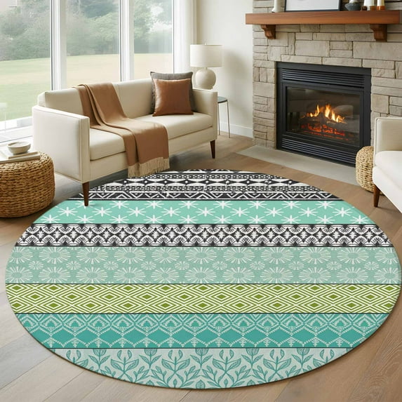 Round Area Rug 8 Ft, Teal Black Boho Washable Non-Slip Circle Carpet for Living Room/Bedroom, Vintage Ethnic Tribe Abstract Art Collection Low-Profile Large Area Rugs for Indoor