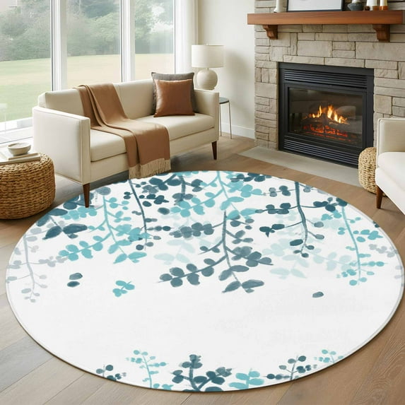 Round Area Rug 8 Ft, Teal Blue Leaves Washable Non-Slip Circle Carpet for Living Room/Bedroom, Summer Botanical Collection Low-Profile Large Area Rugs for Indoor