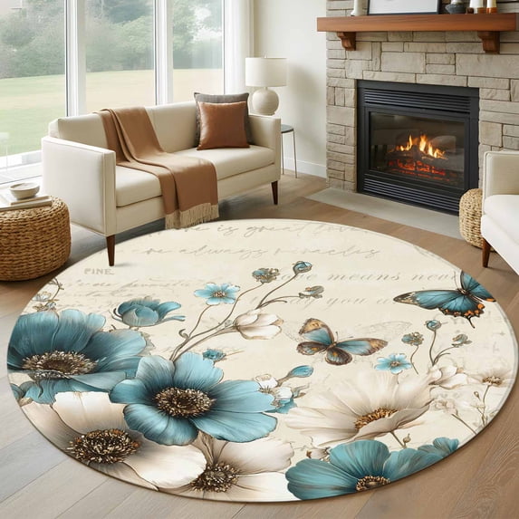 Round Area Rug 8 Ft, Teal Tulip Butterfly Washable Non-Slip Circle Carpet for Living Room/Bedroom, Turquoise Floral Farmhouse Beige Collection Low-Profile Large Area Rugs for Indoor