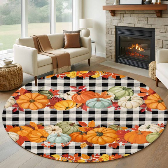 Round Area Rug 8 Ft, Thanksgiving Pumpkins Washable Non-Slip Circle Carpet for Living Room/Bedroom, Fall Orange Maple Farmhouse Check Collection Low-Profile Large Area Rugs for Indoor