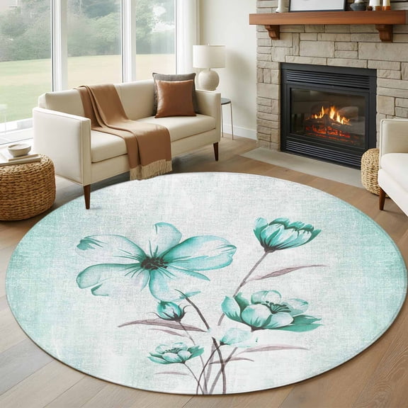 Round Area Rug 8 Ft, Turquoise Flowers Washable Non-Slip Circle Carpet for Living Room/Bedroom, Farmhouse Gradient Floral Plants Collection Low-Profile Large Area Rugs for Indoor