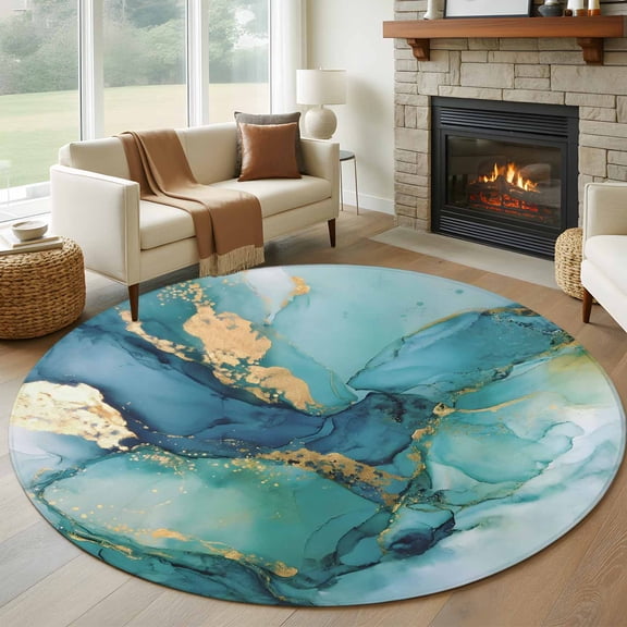Round Area Rug 8 Ft, Turquoise Marble Washable Non-Slip Circle Carpet for Living Room/Bedroom, Abstract Minimalist Art Ombre Blue Collection Low-Profile Large Area Rugs for Indoor