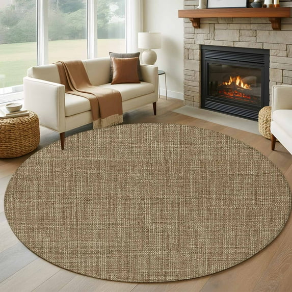 Round Area Rug 8 Ft, Vintage Brown Washable Non-Slip Circle Carpet for Living Room/Bedroom, Farmhouse Retro Dark Solid Color Linen Texture Collection Low-Profile Large Area Rugs for Indoor