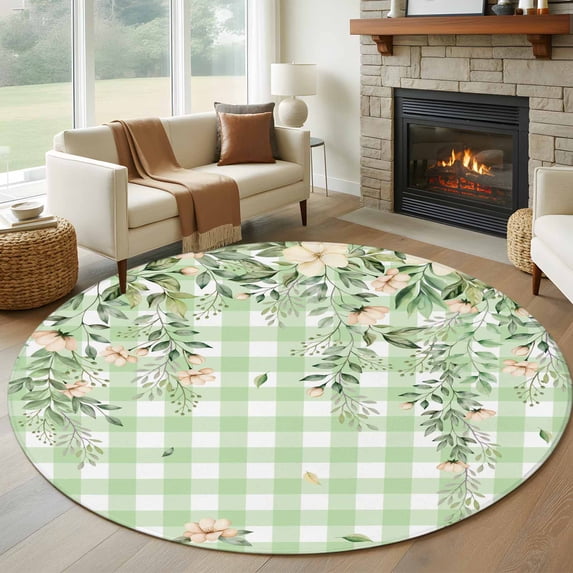 Round Area Rug 8 Ft, Watercolor Floral Washable Non-Slip Circle Carpet for Living Room/Bedroom, Spring Flowers Leaves Botanical Green Plaid Collection Low-Profile Large Area Rugs for Indoor