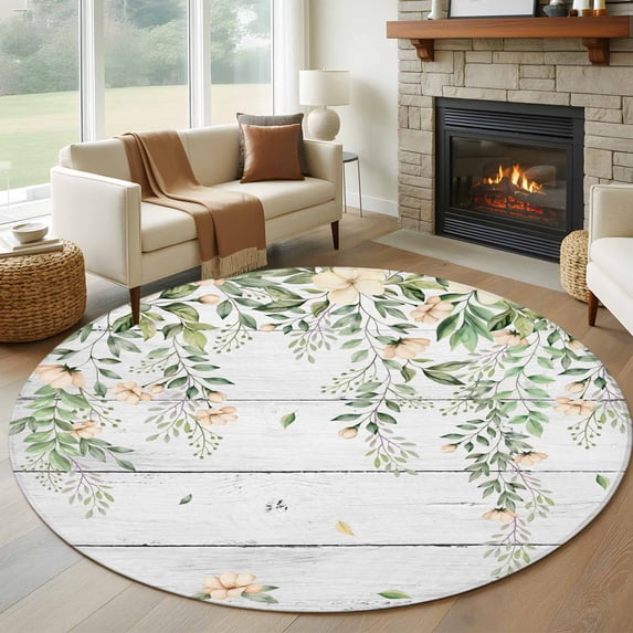 Round Area Rug 8 Ft, Watercolor Floral Washable Non-Slip Circle Carpet for Living Room/Bedroom, Spring Flowers Leaves Botanical Wood Grain Collection Low-Profile Large Area Rugs for Indoor
