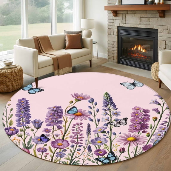 Round Area Rug 8 Ft, Watercolor Floral Washable Non-Slip Circle Carpet for Living Room/Bedroom, Spring Lavender Daisy Butterflies Pink Collection Low-Profile Large Area Rugs for Indoor