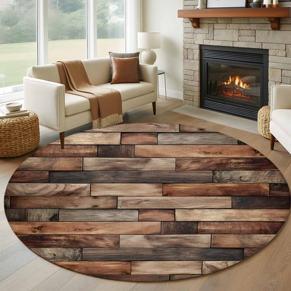 Round Area Rug 8 Ft, Western Barn Door Washable Non-Slip Circle Carpet for Living Room/Bedroom, Vintage Farmhouses Wooden Door Brown Collection Low-Profile Large Area Rugs for Indoor