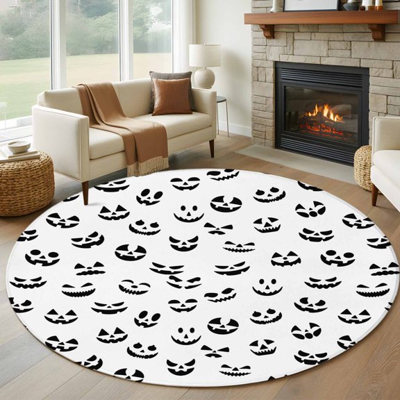 Round Area Rug 8 Ft, White Halloween Washable Non-Slip Circle Carpet for Living Room/Bedroom, Horror Ghost Pumpkin Faces Collection Low-Profile Large Area Rugs for Indoor