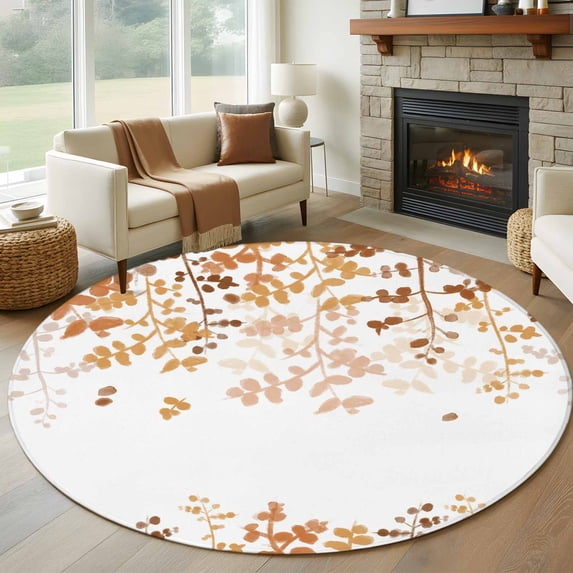 Round Area Rug 8 Ft, Yellow Leaves Washable Non-Slip Circle Carpet for Living Room/Bedroom, Summer Botanical Collection Low-Profile Large Area Rugs for Indoor