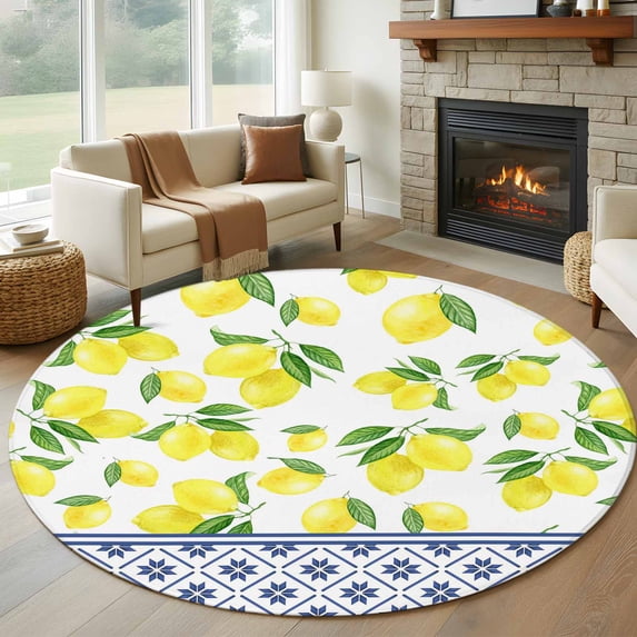 Round Area Rug 8 Ft, Yellow Lemons Washable Non-Slip Circle Carpet for Living Room/Bedroom, Watercolor Summer Botanical Elegant Pastoral Collection Low-Profile Large Area Rugs for Indoor
