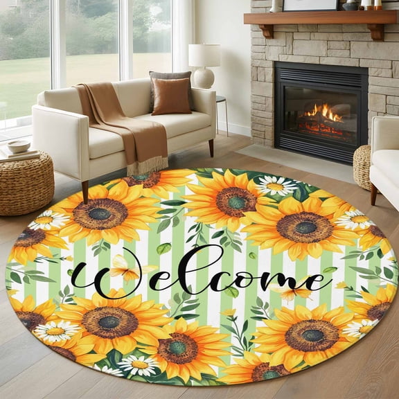 Round Area Rug 8 Ft, Yellow Sunflowers Washable Non-Slip Circle Carpet for Living Room/Bedroom, Green Striped Summer Botanical Collection Low-Profile Large Area Rugs for Indoor