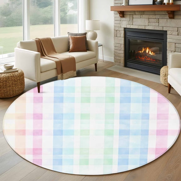 Round Area Rug 8Ft, Blue Pink Plaid Non-slip Area Rugs Carpet for Living Room/Bedroom/Bathroom/Kitchen, Pastel Green White Buffalo Patchwork Washable Throw Floor Mat Indoor Outdoor Entrance Doormat