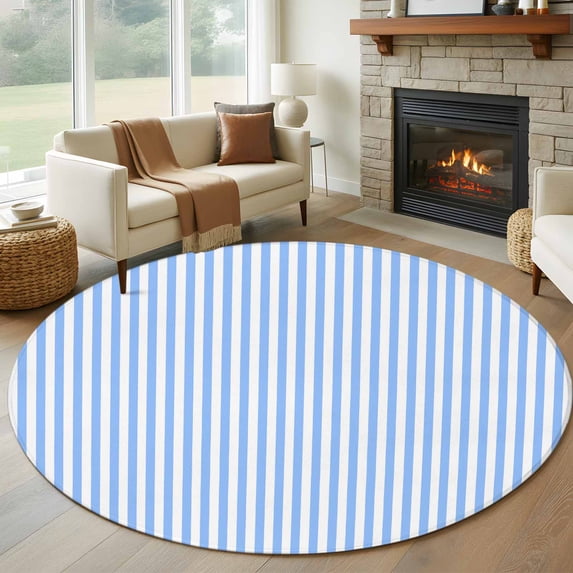 Round Area Rug 8Ft, Blue White Stripe Non-slip Area Rugs Carpet for Living Room/Bedroom/Bathroom/Kitchen, Modern Minimalist Geometric Striped Washable Throw Floor Mat Indoor Outdoor Entrance Doormat