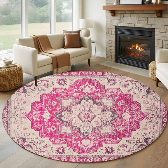 Round Area Rug 8Ft,Boho Pink Non-slip Area Rugs Carpet for Living Room/Bedroom/Bathroom/Kitchen,Middle Century Boho Geometric Abstract Southwestern Throw Floor Mat Indoor Outdoor Entrance Doormat