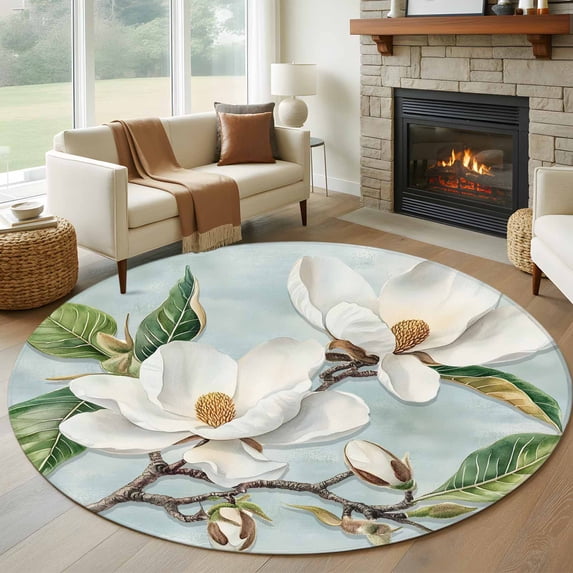 Round Area Rug 8Ft, Botanical Flowers Non-slip Area Rugs Carpet for Living Room/Bedroom/Bathroom/Kitchen, Country Magnolia Leaves Branches Washable Throw Floor Mat Indoor Outdoor Entrance Doormat