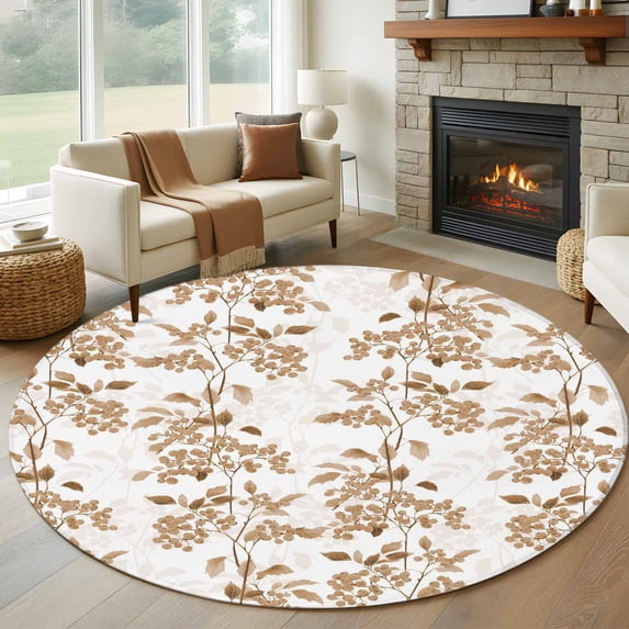 Round Area Rug 8Ft, Brown Fruit Non-slip Area Rugs Carpet for Living Room/Bedroom/Bathroom/Kitchen, Vintage Plant Nature Botanical Flower Washable Throw Floor Mat Indoor Outdoor Entrance Doormat