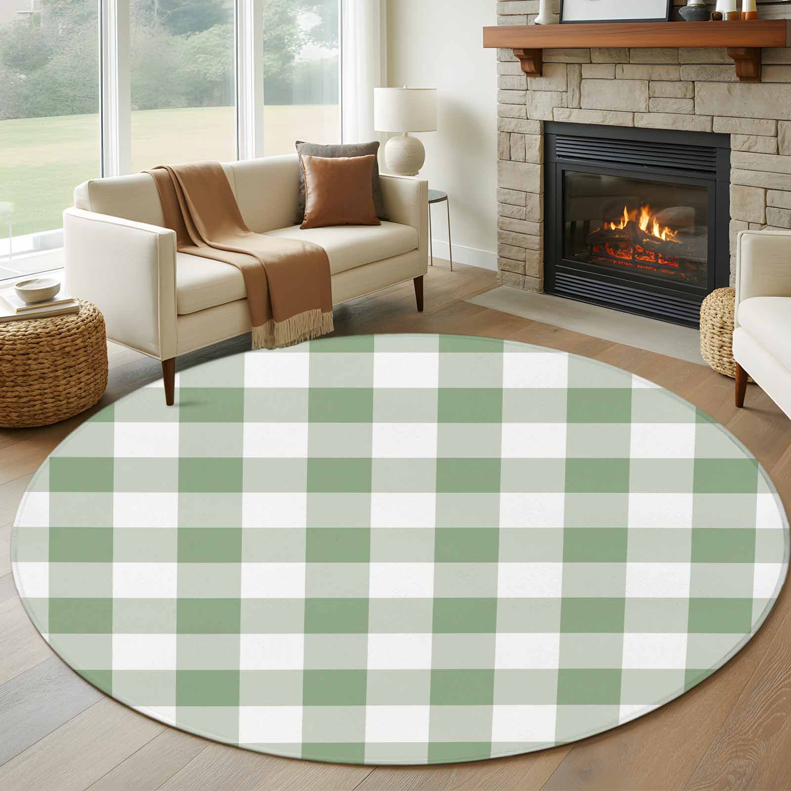 Round Area Rug 8Ft, Sage Green Checkered Non-slip Area Rugs Carpet for Living Room/Bedroom/Bathroom/Kitchen, Farmhouse Buffalo Plaid Washable Throw Floor Mat Indoor Outdoor Entrance Doormat