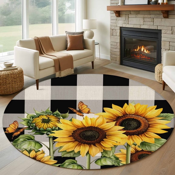 Round Area Rug 8Ft, Sunflower Checkered Non-slip Area Rugs Carpet for Living Room/Bedroom/Bathroom/Kitchen, Black Buffalo Plaid Pastoral Flowers Throw Floor Mat Indoor Outdoor Entrance Doormat