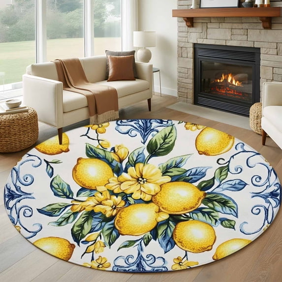 Round Area Rug 8Ft, Yellow Lemon Non-slip Area Rugs Carpet for Living Room/Bedroom/Bathroom/Kitchen, Middle Century Blue Italian Textured Washable Throw Floor Mat Indoor Outdoor Entrance Doormat