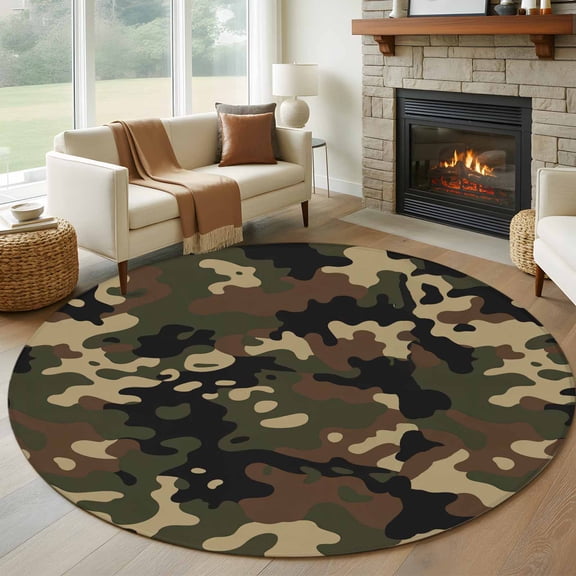 Round Area Rug 8ft,Abstract Camouflages Texture Washable Carpet Non-Slip Runner Accent Rugs Indoor Floor Mat for Bedroom Living Room Decor,Retro Camo Pattern