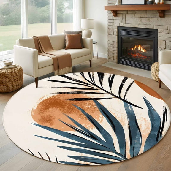 Round Area Rug 8ft,Abstract Leaf Boho Sun Washable Carpet Non-Slip Runner Accent Rugs Indoor Floor Mat for Bedroom Living Room Decor,Orange Color Block Nordic Style