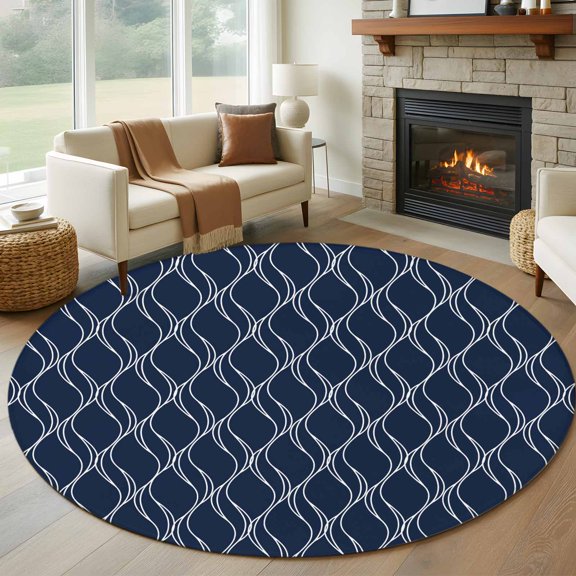 Round Area Rug 8ft,Abstract Navy Blue Waves Line Living Room Rug Non-Slip Washable Circle Rugs Pad,Classic White Striped Wavy Soft Floor Carpet for Bedroom Dining Room