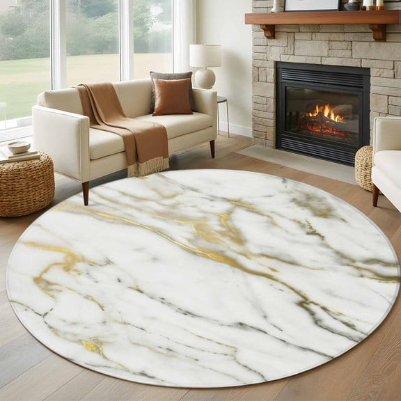 Round Area Rug 8ft,Abstraction Marble Marble Texture Living Room Rug Non-Slip Washable Circle Rugs Pad,Gold Gray Line Soft Floor Carpet for Bedroom Dining Room