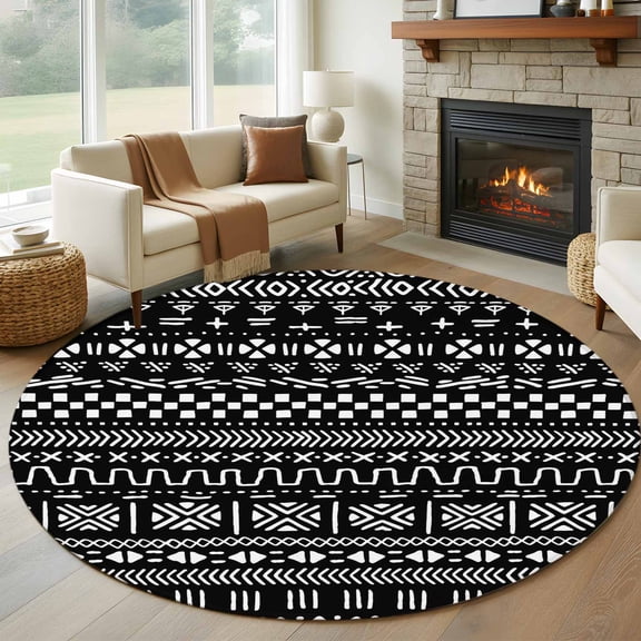 Round Area Rug 8ft,Africa Traditional Ethnicity Pattern Living Room Rug Non-Slip Washable Circle Rugs Pad,Abstract Geometric Art Soft Floor Carpet for Bedroom Dining Room