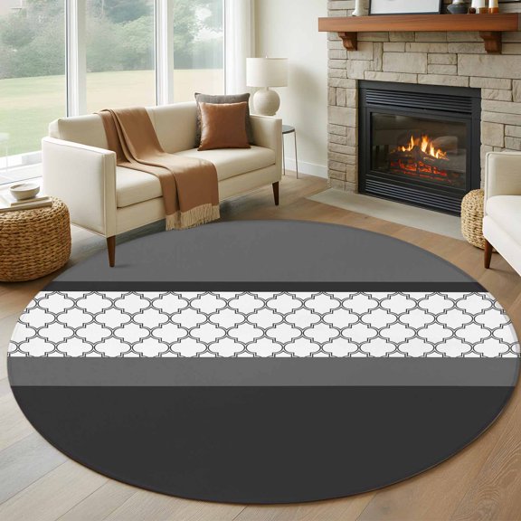 Round Area Rug 8ft,Black White Moroccan Trellis Washable Carpet Non-Slip Runner Accent Rugs Indoor Floor Mat for Bedroom Living Room Decor,Modern Stitching