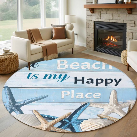 Round Area Rug 8ft,Blue White Starfish on Wood Grain Living Room Rug Non-Slip Washable Circle Rugs Pad,Happy Place Quote Soft Floor Carpet for Bedroom Dining Room