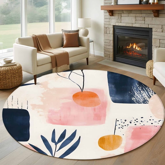 Round Area Rug 8ft,Boho Sun Abstract Leaves Washable Carpet Non-Slip Runner Accent Rugs Indoor Floor Mat for Bedroom Living Room Decor,Pink Gradient Color Block