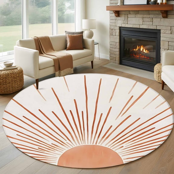 Round Area Rug 8ft,Boho Sun Arch Orange Stripe Washable Carpet Non-Slip Runner Accent Rugs Indoor Floor Mat for Bedroom Living Room Decor,Abstract Lines Modern Art