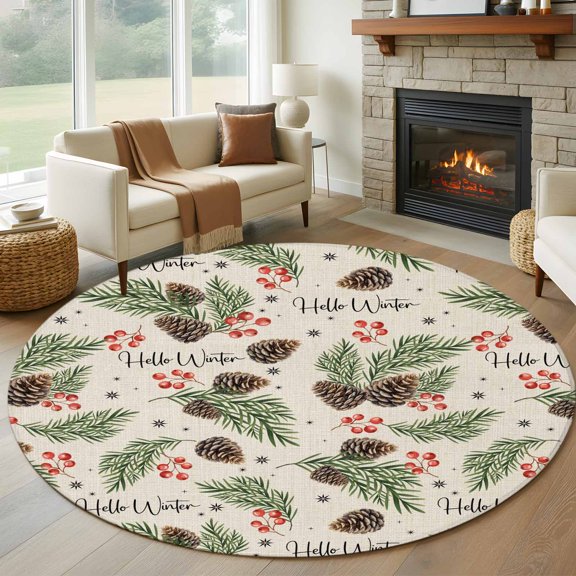 Round Area Rug 8ft,Christmas Berry Pine Cone Living Room Rug Non-Slip Washable Circle Rugs Pad,Winter Spruce Leaf Retro Linen Soft Floor Carpet for Bedroom Dining Room