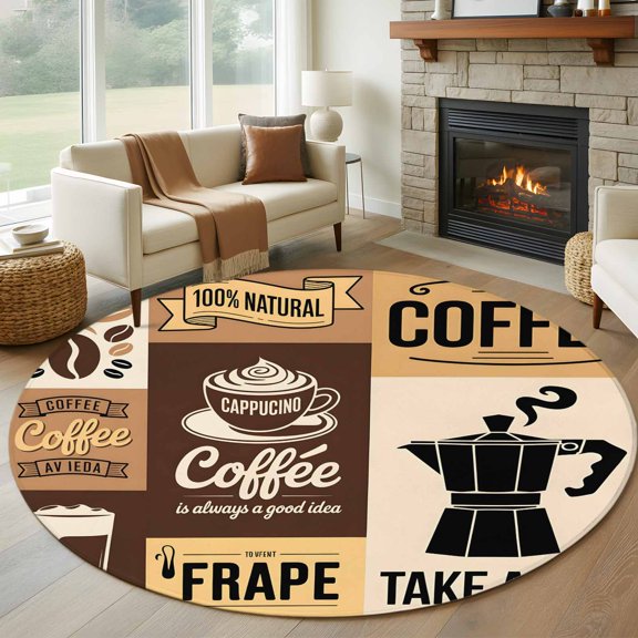 Round Area Rug 8ft,Coffee Beans Vintage Cappuccino Living Room Rug Non-Slip Washable Circle Rugs Pad,Retro Cafe Theme Soft Floor Carpet for Bedroom Dining Room