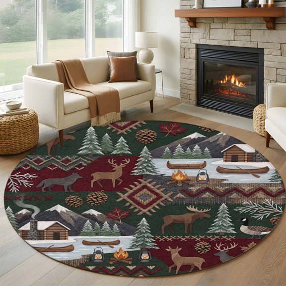 Round Area Rug 8ft,Country Deer Pine Tree Campfire Living Room Rug Non-Slip Washable Circle Rugs Pad,Abstract Farm Scenery Soft Floor Carpet for Bedroom Dining Room