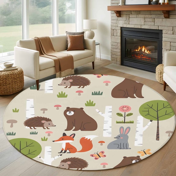Round Area Rug 8ft,Cute Bear Hedgehog Fox Washable Carpet Non-Slip Runner Accent Rugs Indoor Floor Mat for Bedroom Living Room Decor,Cartoon Tree Wild Flower