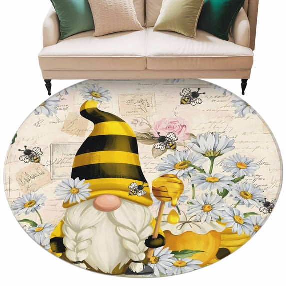 Round Area Rug 8ft,Farm Bee Gnome Daisy Flower Washable Carpet Non-Slip Runner Accent Rugs Indoor Floor Mat for Bedroom Living Room Decor,Vintage Letter