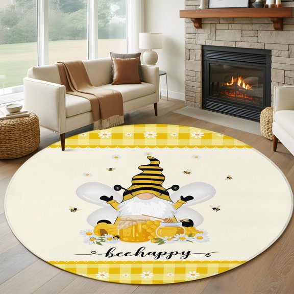 Round Area Rug 8ft,Farm Honeybee Gnome Living Room Rug Non-Slip Washable Circle Rugs Pad,Daisy Flower Yellow Buffalo Plaid Soft Floor Carpet for Bedroom Dining Room