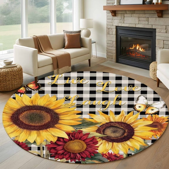 Round Area Rug 8ft,Farm Sunflowers Butterfly Living Room Rug Non-Slip Washable Circle Rugs Pad,Country Red Chrysanthemum Soft Floor Carpet for Bedroom Dining Room