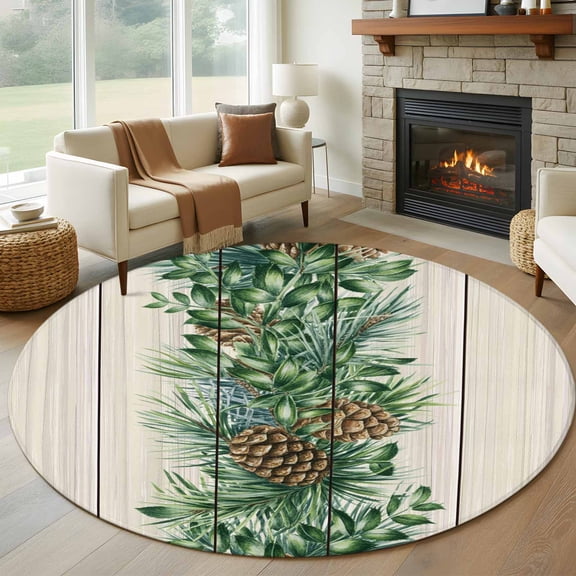 Round Area Rug 8ft,Farmhouse Pine Needle Pinecone Living Room Rug Non-Slip Washable Circle Rugs Pad,Rustic Retro Wood Grain Soft Floor Carpet for Bedroom Dining Room