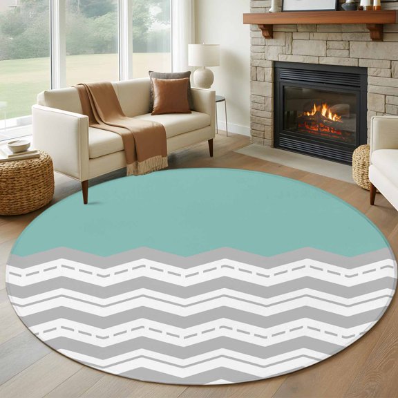 Round Area Rug 8ft,Gray Ripple Zigzag Chevron Washable Carpet Non-Slip Runner Accent Rugs Indoor Floor Mat for Bedroom Living Room Decor,Teal Watercolor
