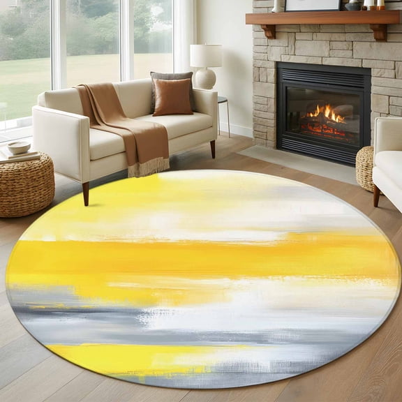 Round Area Rug 8ft,Modern Minimalist Yellow Gray Washable Carpet Non-Slip Runner Accent Rugs Indoor Floor Mat for Bedroom Living Room Decor,Abstract Blurry Color Block