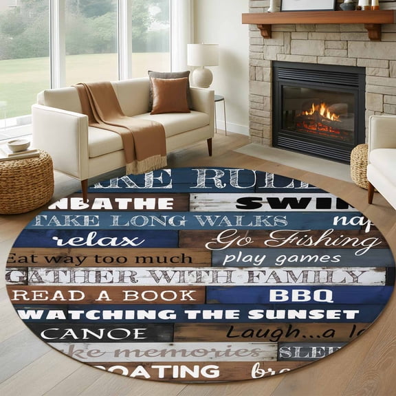 Round Area Rug 8ft,Motivational Inspirational Happiness Quotes Washable Carpet Non-Slip Runner Accent Rugs Indoor Floor Mat for Bedroom Living Room Decor,Retro Wood Plank
