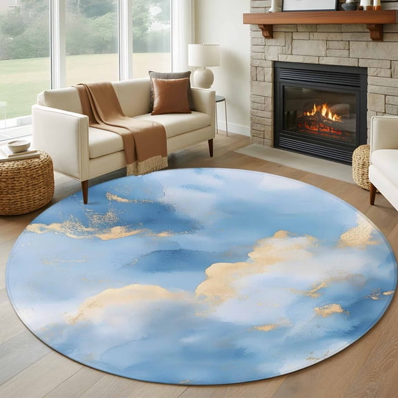 Round Area Rug 8ft,Ombre Blue Cloud Marble Texture Washable Carpet Non-Slip Runner Accent Rugs Indoor Floor Mat for Bedroom Living Room Decor,Summer Watercolor Sky