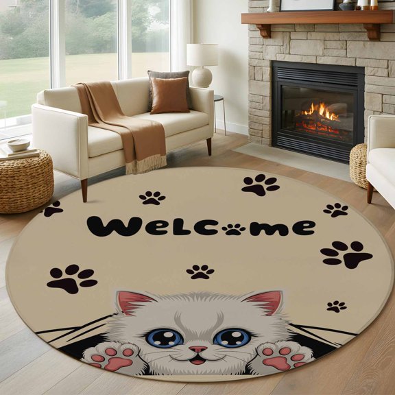 Round Area Rug 8ft,Retro Cartoon Cute Cats Claws Living Room Rug Non-Slip Washable Circle Rugs Pad,Welcome Quote Soft Floor Carpet for Bedroom Dining Room