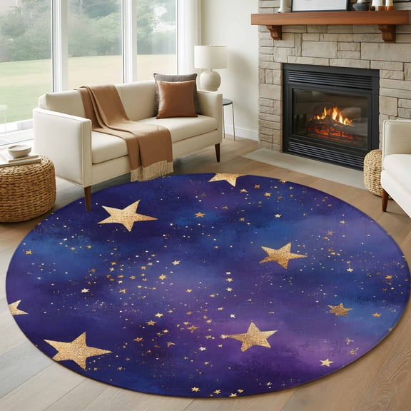 Round Area Rug 8ft,Retro Dream Star on Purple Washable Carpet Non-Slip Runner Accent Rugs Indoor Floor Mat for Bedroom Living Room Decor,Romantic Starry Sky