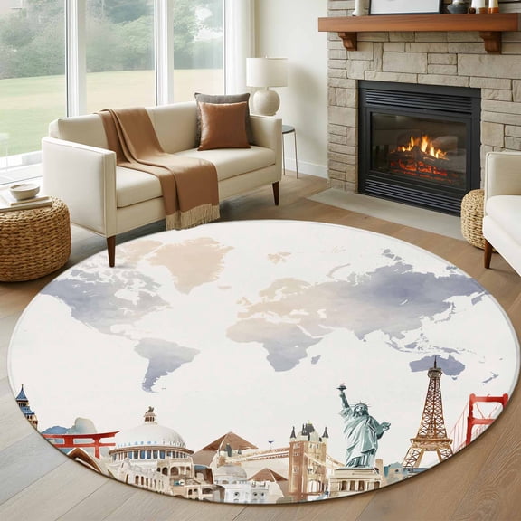 Round Area Rug 8ft,Retro Maps of The World Tourism Washable Carpet Non-Slip Runner Accent Rugs Indoor Floor Mat for Bedroom Living Room Decor,Abstract Graffiti Texture