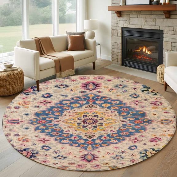 Round Area Rug 8ft,Retro Turkish Tradition Flower Washable Carpet Non-Slip Runner Accent Rugs Indoor Floor Mat for Bedroom Living Room Decor,Medieval Ethnic Pattern