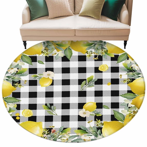 Round Area Rug 8ft,Rustic Lemon Leaf Flower Washable Carpet Non-Slip Runner Accent Rugs Indoor Floor Mat for Bedroom Living Room Decor,Summer Fruit on Buffalo Plaid