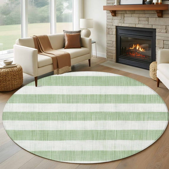 Round Area Rug 8ft,Sage Green Linen Striped Washable Carpet Non-Slip Runner Accent Rugs Indoor Floor Mat for Bedroom Living Room Decor,Vintage Farmhouse